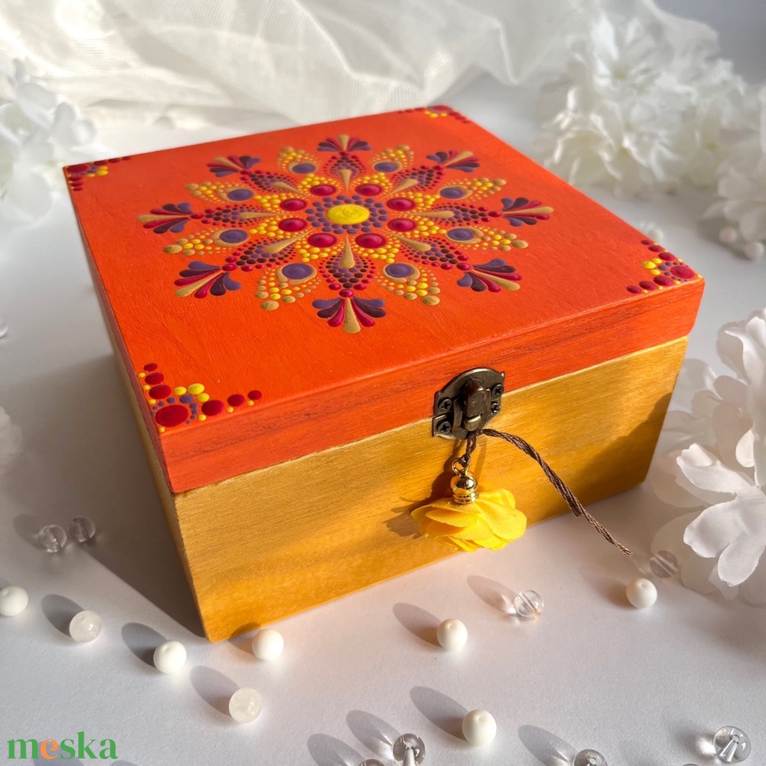 Mandala mintával festett narancs fadoboz - teásdoboz - teafiltertartó - otthon & életmód - tárolás & rendszerezés - doboz - Meska.hu