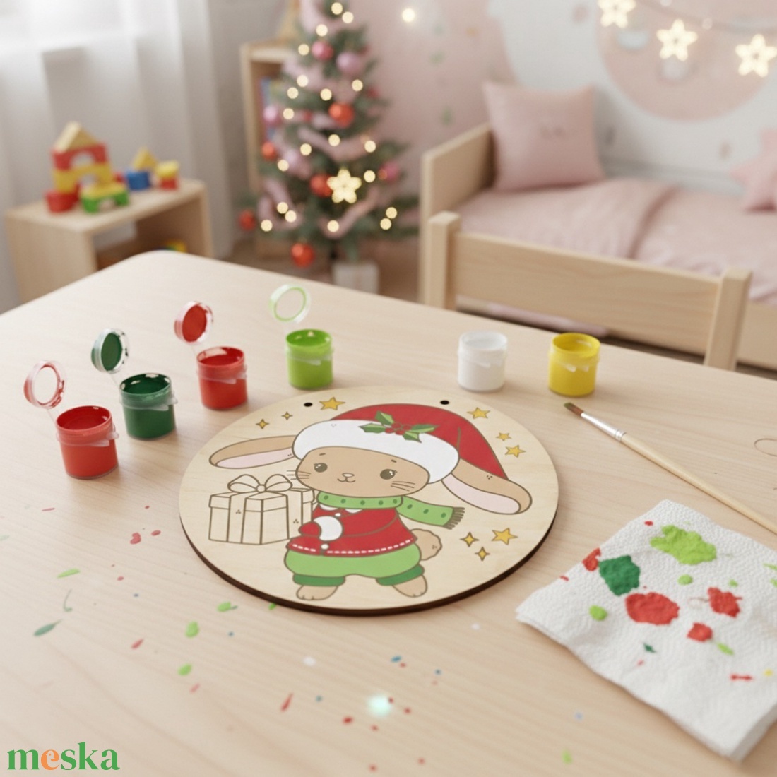 Nyuszi ajándéka - DIY festő szett számok szerint - Karácsonyi ajtódísz (20 cm) - diy (csináld magad) - egységcsomag - Meska.hu