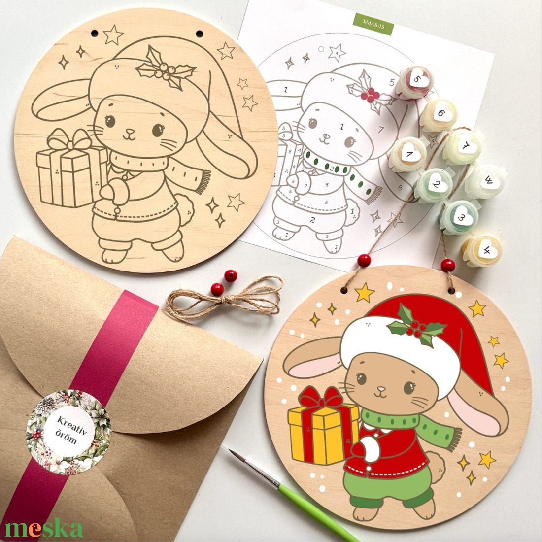 Nyuszi ajándéka - DIY festő szett számok szerint - Karácsonyi ajtódísz (20 cm) - diy (csináld magad) - egységcsomag - Meska.hu