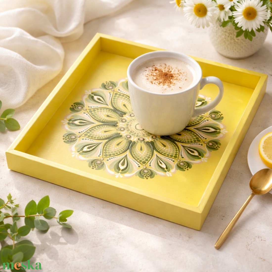 Lime sárga mandala dísztálca � kézzel festett fa dekoráció 30�30 cm - otthon & életmód - konyhafelszerelés, tálalás - tálalás - tálca - Meska.hu