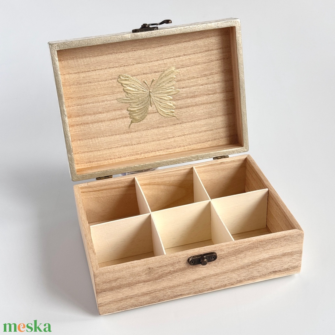 Lila pillangós fa teásdoboz � 6 rekeszes kézzel díszített teafilter tartó - otthon & életmód - konyhafelszerelés, tálalás - konyhai tárolás - tea & kávé tárolás - Meska.hu
