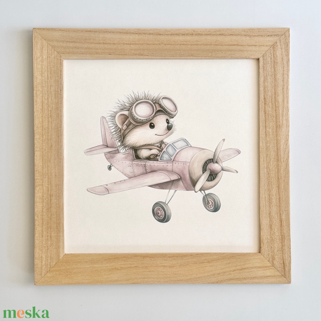Repülős süni babaszoba falikép natúr fa keretben névvel 25x25 - baba - mama - babaszoba dekoráció - babaszoba kép - Meska.hu