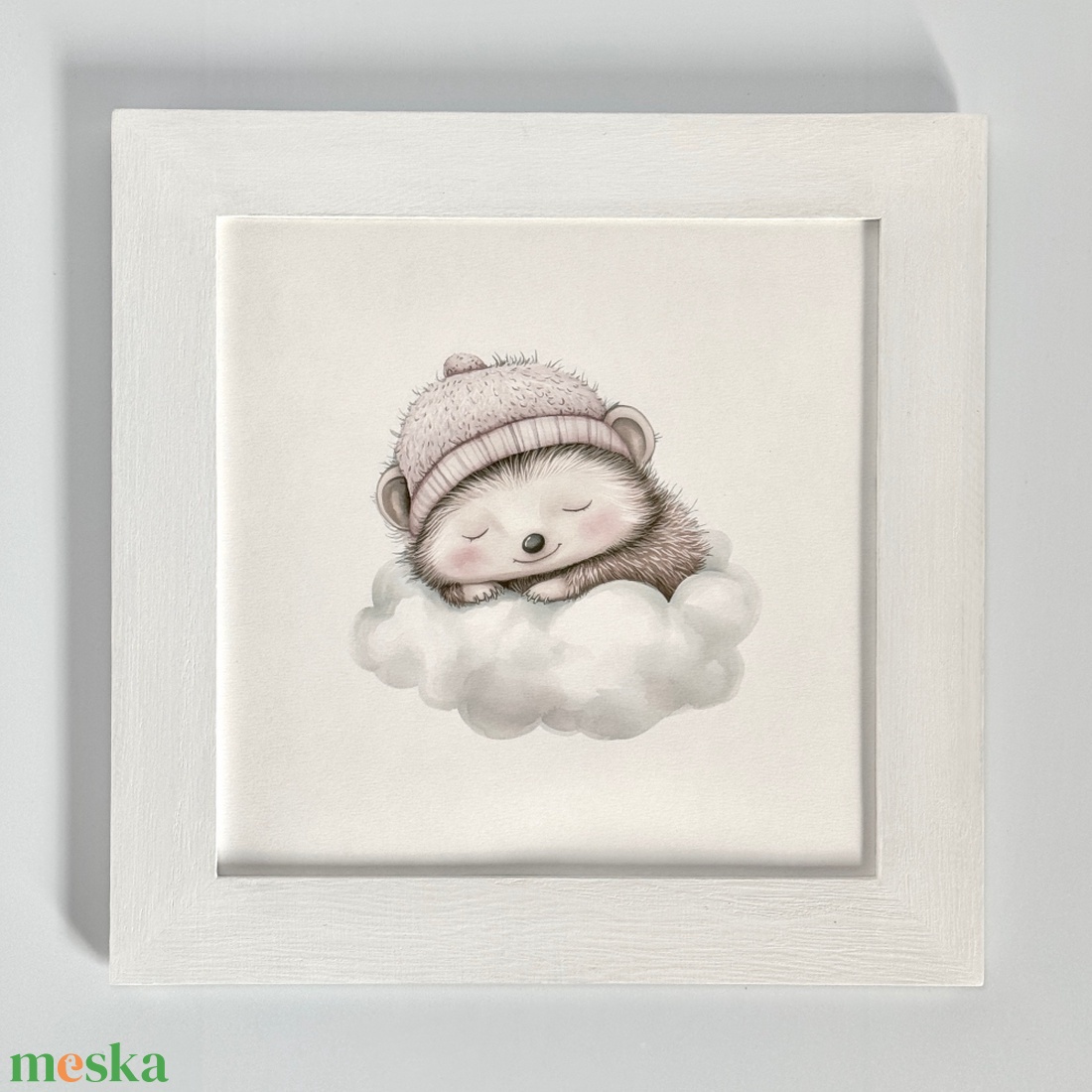 Felhőn alvó süni babaszoba falikép fehér képkeretben, névvel 25x25 - baba - mama - babaszoba dekoráció - babaszoba kép - Meska.hu