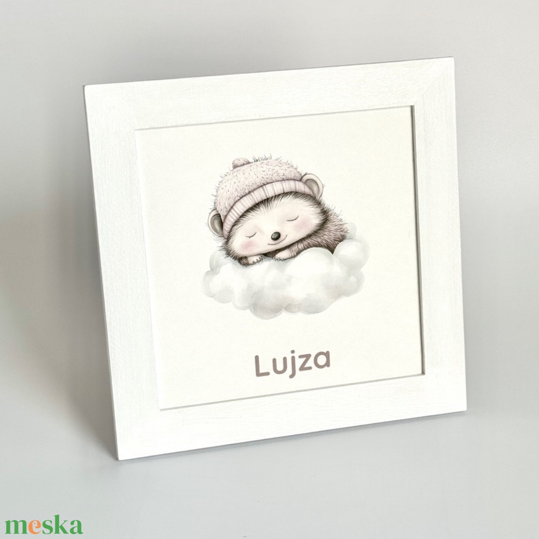 Felhőn alvó süni babaszoba falikép fehér képkeretben, névvel 25x25 - baba - mama - babaszoba dekoráció - babaszoba kép - Meska.hu