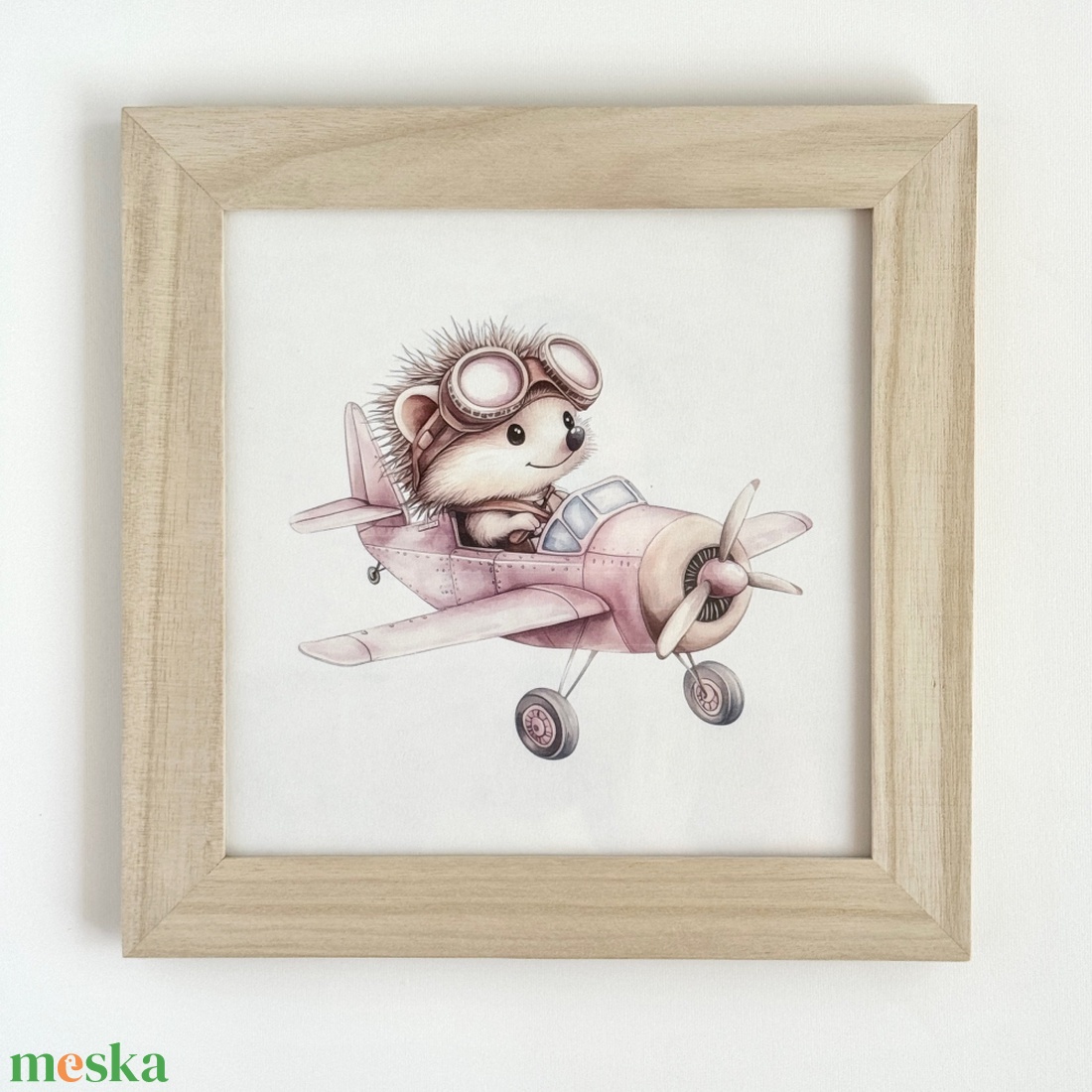 Repülős süni babaszoba falikép natúr fa keretben névvel 25x25 - baba - mama - babaszoba dekoráció - babaszoba kép - Meska.hu