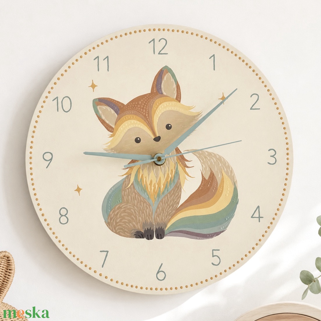Kézzel festett rókás falióra gyerekszobába � 30 cm - otthon & életmód - dekoráció - fali és függő dekoráció - falióra & óra - Meska.hu
