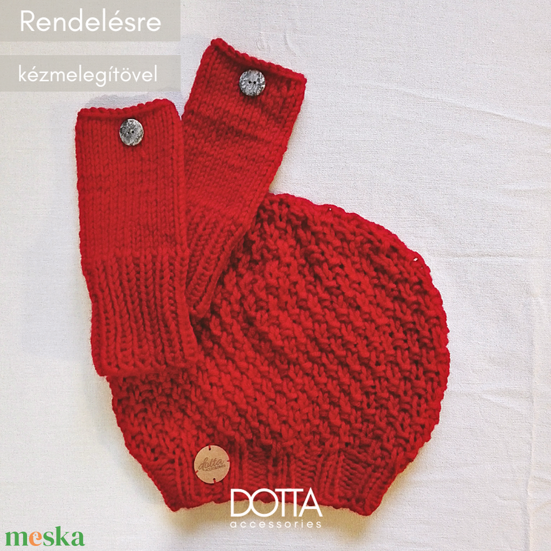 Piros kötött szett - Kincső sapka és kézmelegítő - puha meleg vastag gyapjús fonalból - ruha & divat - sál, sapka, kendő - sapka & sál szett - Meska.hu