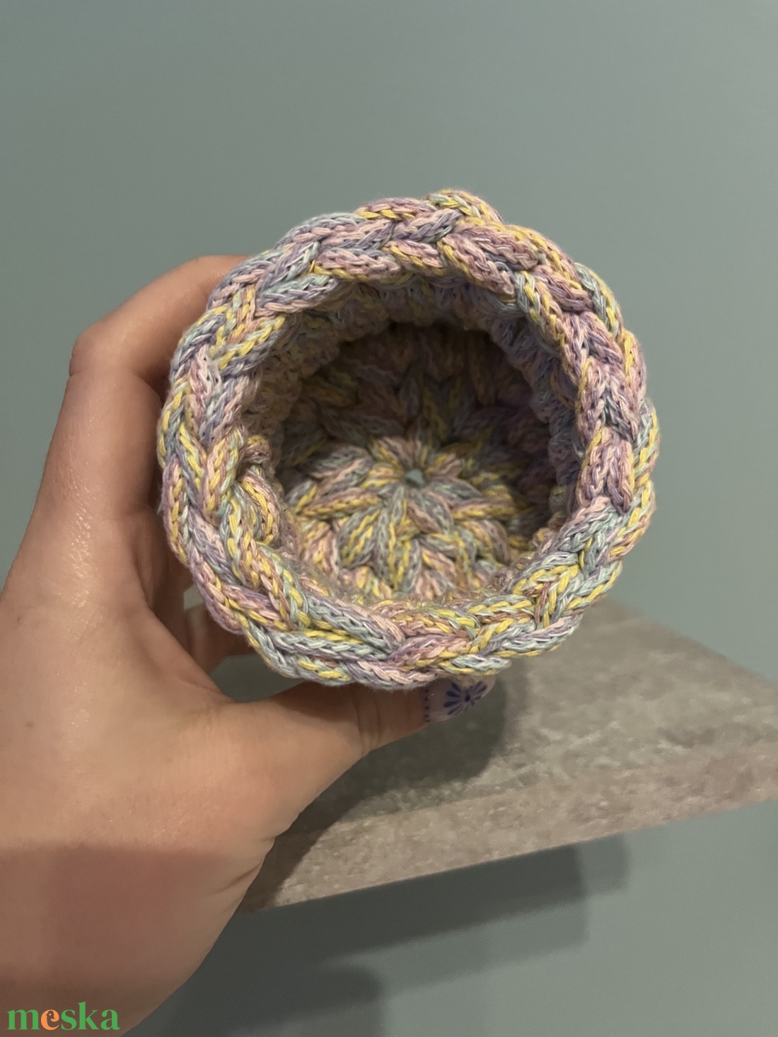 Horgolt vattakorong tartó - otthon & életmód - fürdőszoba - fürdőszobai tároló - Meska.hu