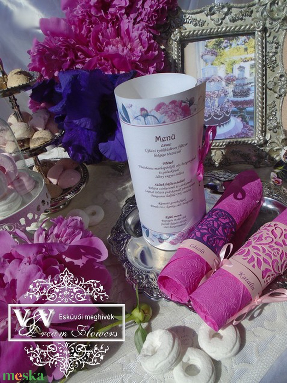 Esküvői menükártya henger pink lila virágos mintával - esküvő - meghívó & kártya - menü - Meska.hu Esküvői menükártya henger pink lila virágos mintával - esküvő - meghívó & kártya - menü - Meska.hu