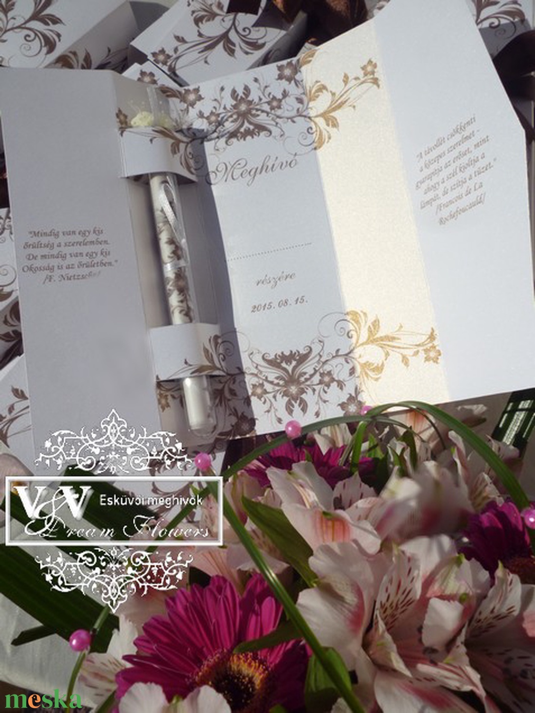 Kémcsöves esküvői meghívó díszdobozban barna színben - esküvő - meghívó & kártya - meghívó - Meska.hu