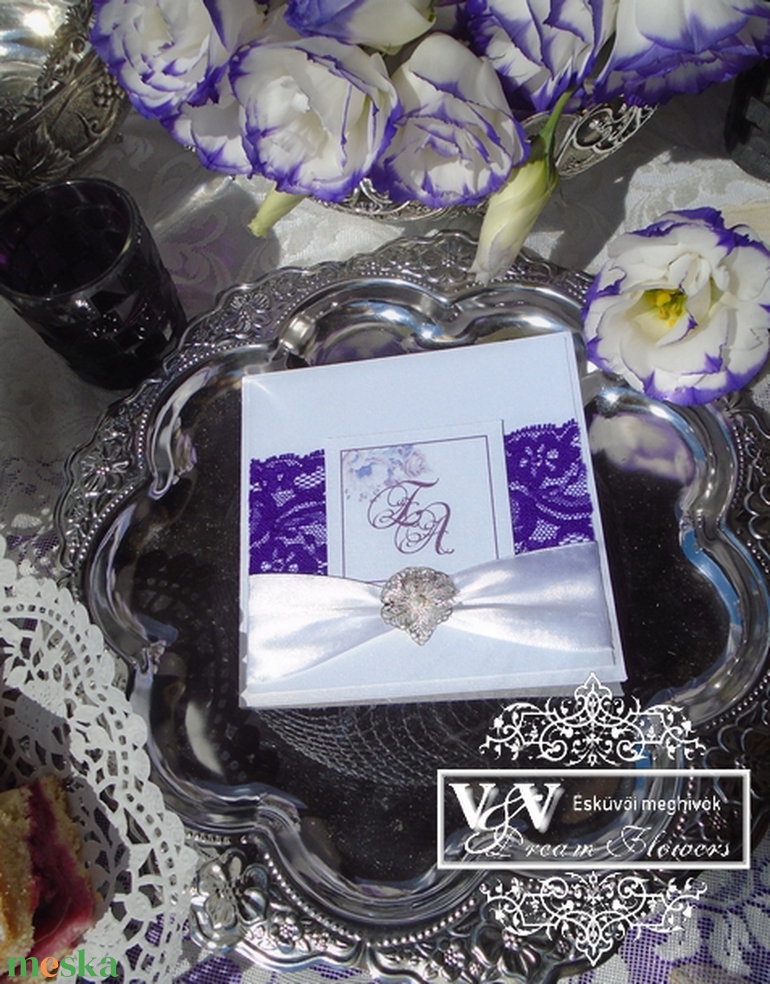 Esküvői meghívó sötétlila csipkével nászajándék ötlet kártyával - esküvő - meghívó & kártya - meghívó - Meska.hu