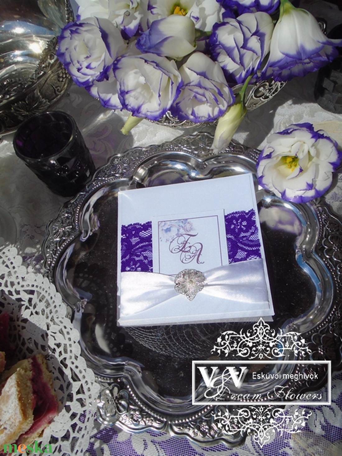 Esküvői meghívó sötétlila csipkével nászajándék ötlet kártyával - esküvő - meghívó & kártya - meghívó - Meska.hu