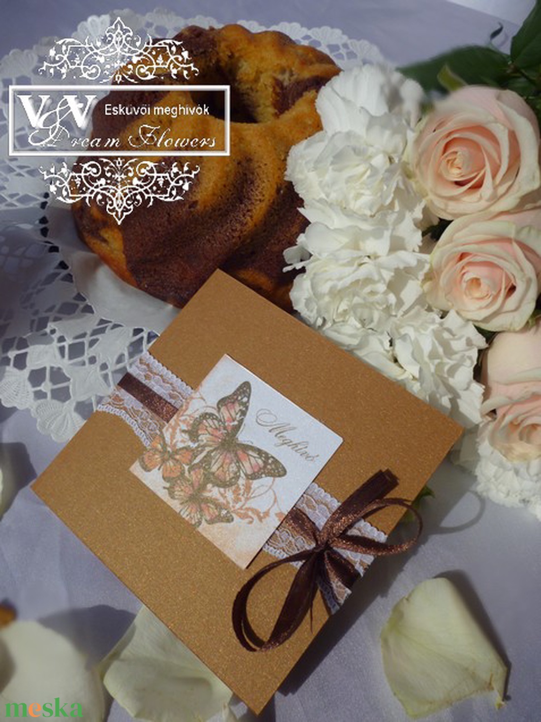 Csipkés esküvői meghívó pillangóval réz színben - esküvő - meghívó & kártya - meghívó - Meska.hu