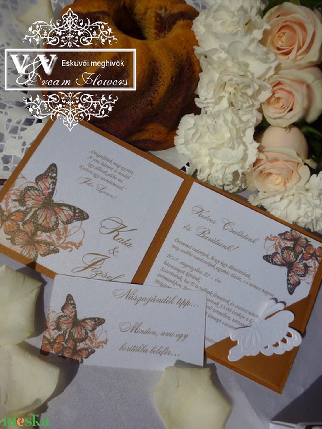 Csipkés esküvői meghívó pillangóval réz színben - esküvő - meghívó & kártya - meghívó - Meska.hu