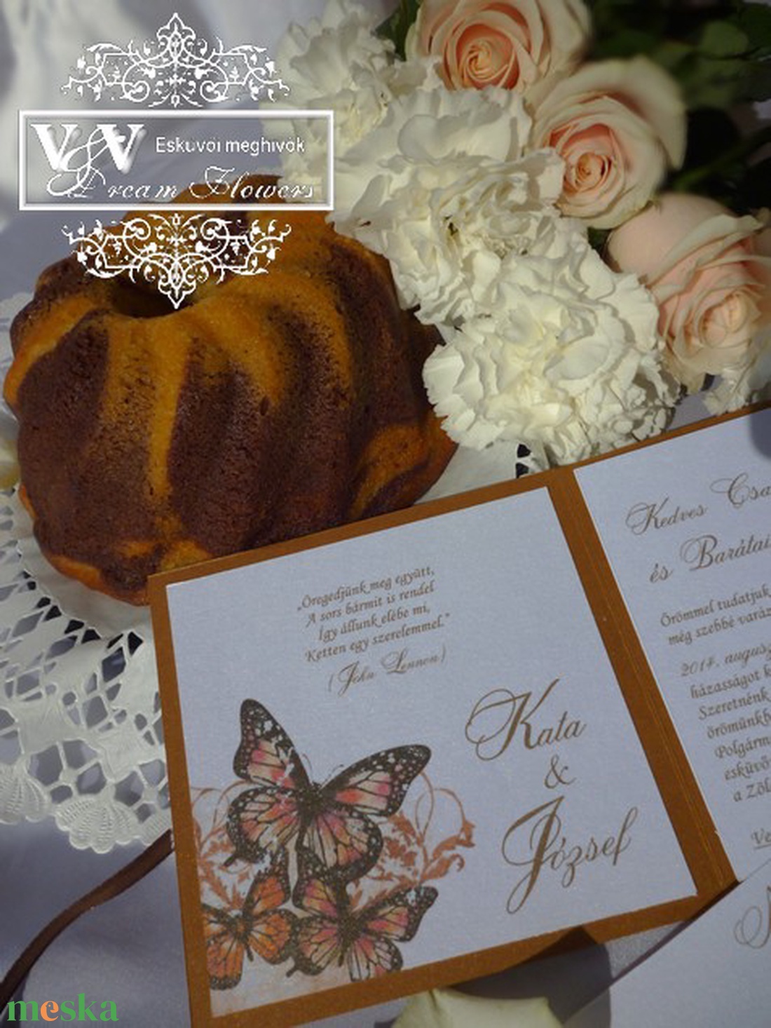 Csipkés esküvői meghívó pillangóval réz színben - esküvő - meghívó & kártya - meghívó - Meska.hu