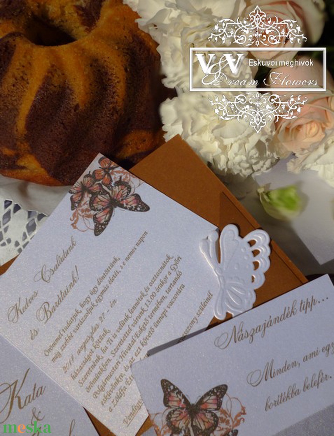 Csipkés esküvői meghívó pillangóval réz színben - esküvő - meghívó & kártya - meghívó - Meska.hu