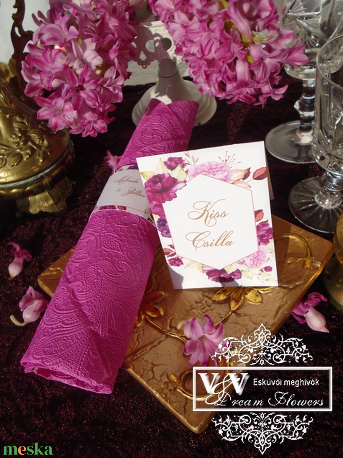 Esküvői ültetőkártya magenta rózsákkal geometriai mintával - esküvő - meghívó & kártya - ültetési rend - Meska.hu