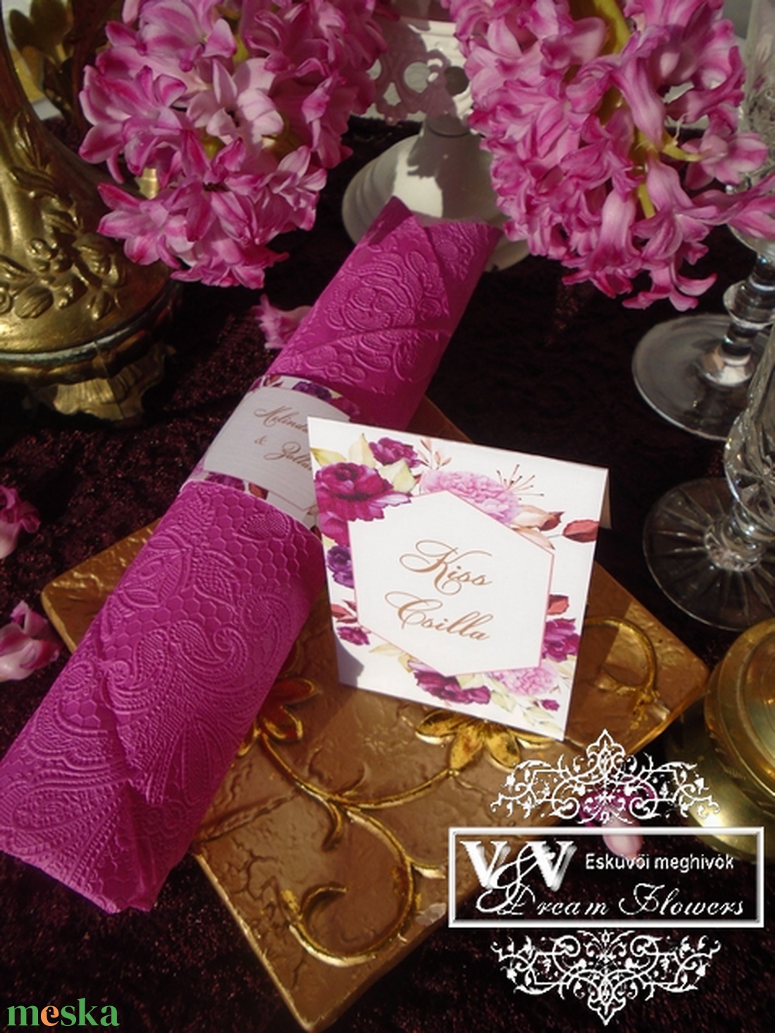 Esküvői ültetőkártya magenta rózsákkal geometriai mintával - esküvő - meghívó & kártya - ültetési rend - Meska.hu