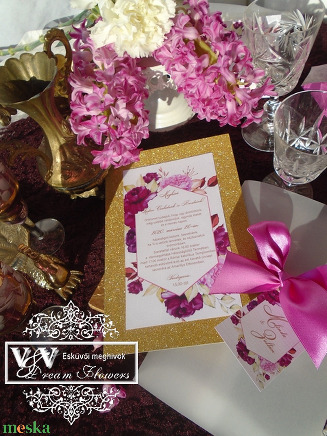 Esküvői meghvó ciklámen pink rózsákkal es arany csillámos háttérrel - esküvő - meghívó & kártya - meghívó - Meska.hu
