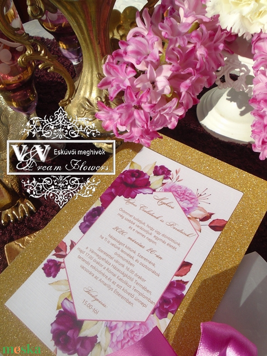 Esküvői meghvó ciklámen pink rózsákkal es arany csillámos háttérrel - esküvő - meghívó & kártya - meghívó - Meska.hu