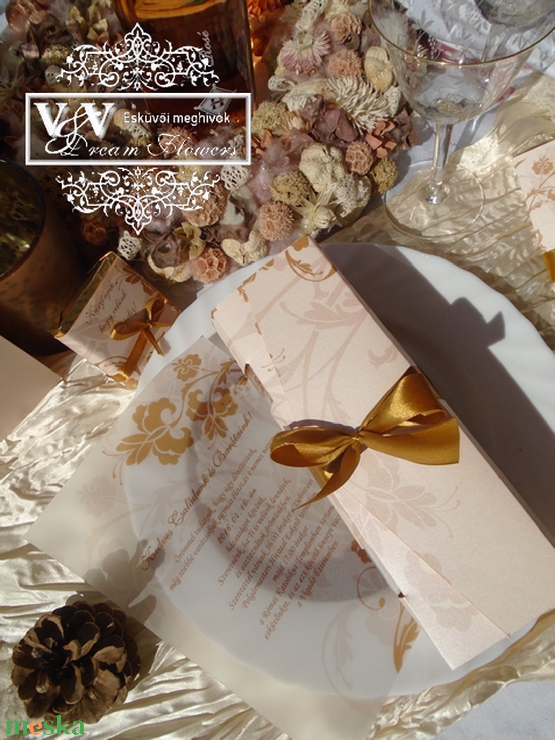 Kémcsöves esküvői meghívó dísztokban barack arany  - esküvő - meghívó & kártya - meghívó - Meska.hu