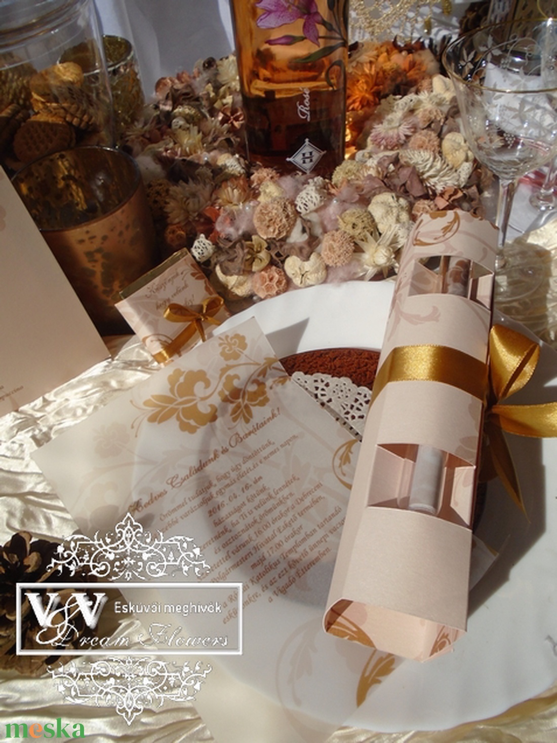 Kémcsöves esküvői meghívó dísztokban barack arany  - esküvő - meghívó & kártya - meghívó - Meska.hu