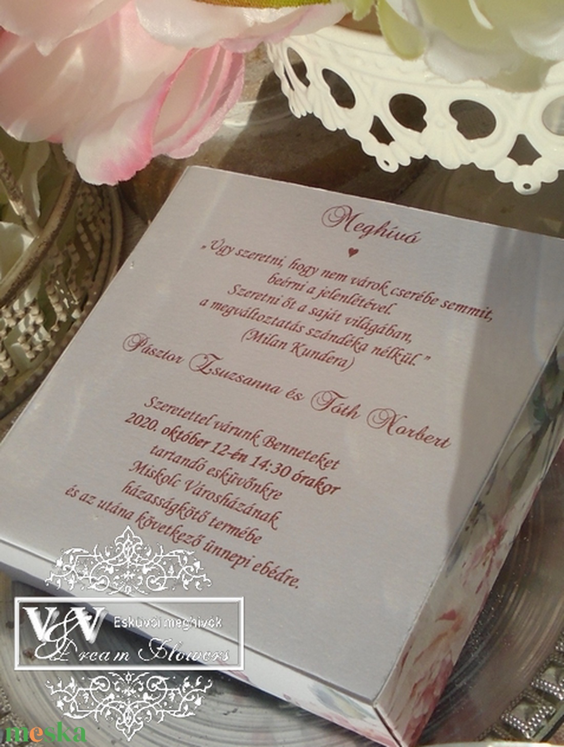 Esküvői meghívó belga bonbonnal díszdobozban rózsás szives - esküvő - meghívó & kártya - meghívó - Meska.hu