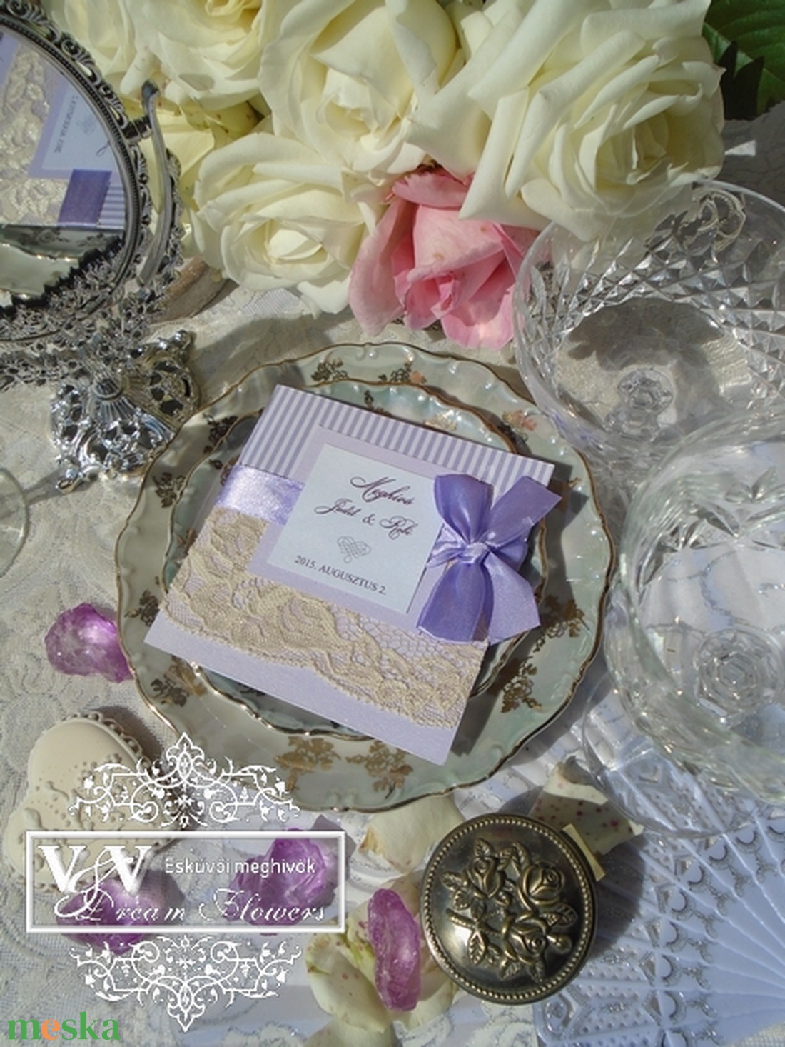 Csipkés esküvői meghívó csíkos lila grafikával és lila masnival nászajándék  ötlet kártyával - esküvő - meghívó & kártya - meghívó - Meska.hu