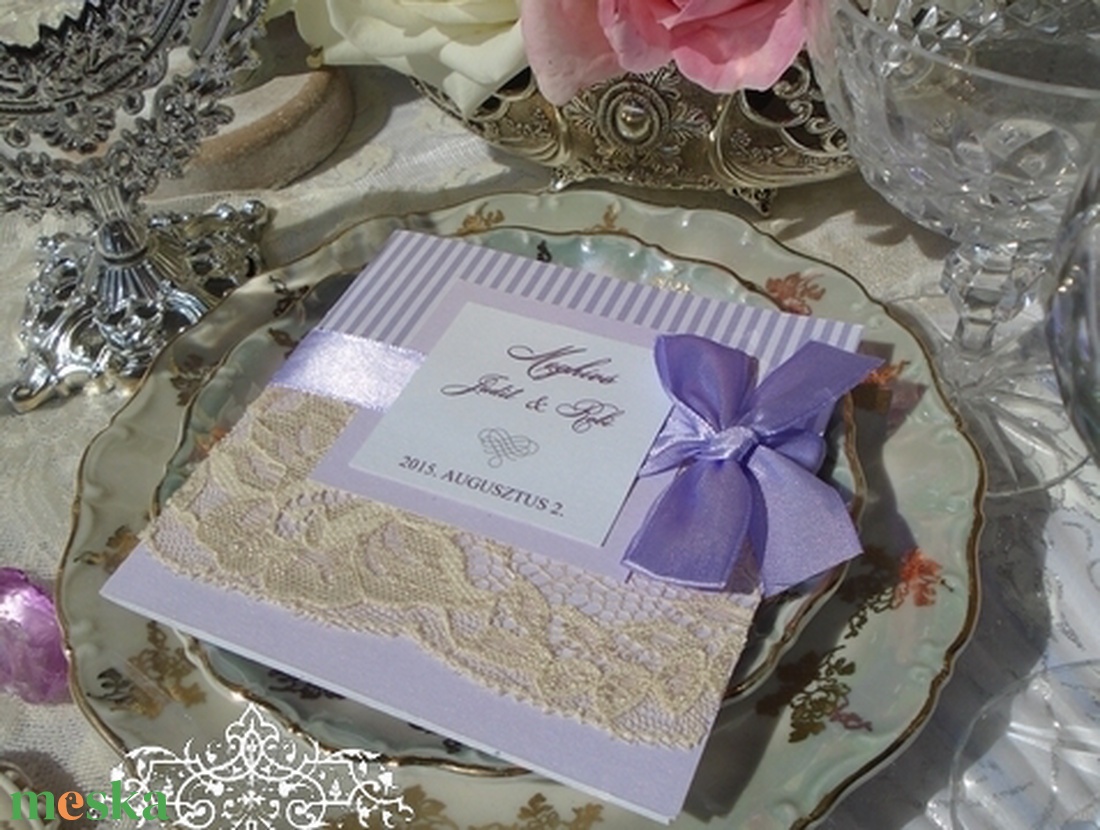 Csipkés esküvői meghívó csíkos lila grafikával és lila masnival nászajándék  ötlet kártyával - esküvő - meghívó & kártya - meghívó - Meska.hu