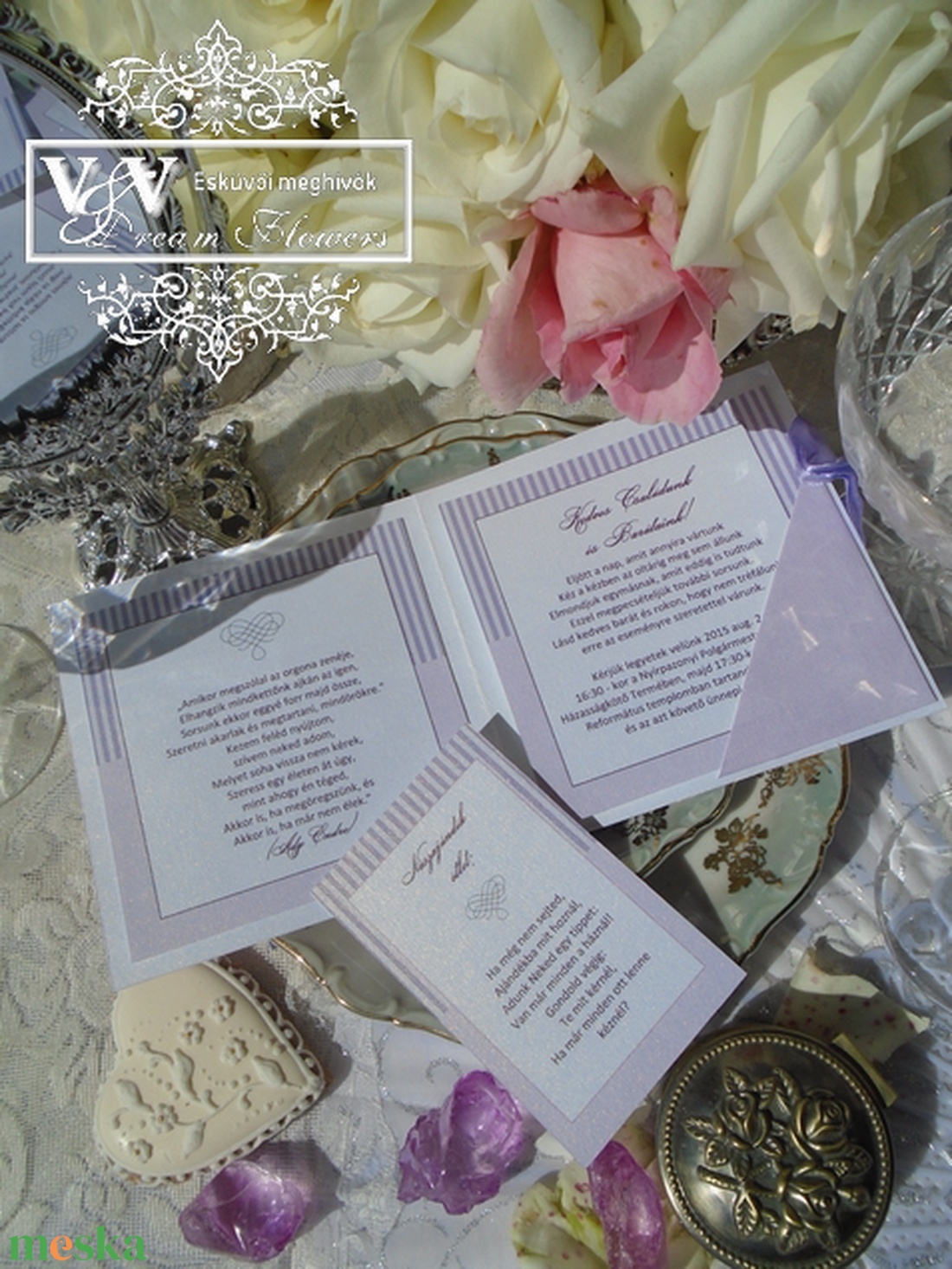 Csipkés esküvői meghívó csíkos lila grafikával és lila masnival nászajándék  ötlet kártyával - esküvő - meghívó & kártya - meghívó - Meska.hu