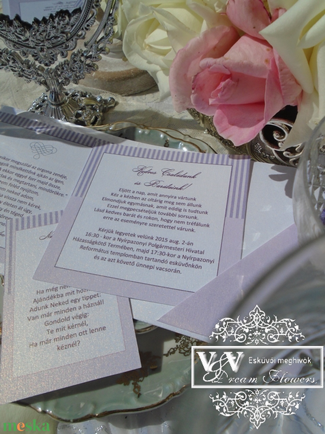 Csipkés esküvői meghívó csíkos lila grafikával és lila masnival nászajándék  ötlet kártyával - esküvő - meghívó & kártya - meghívó - Meska.hu