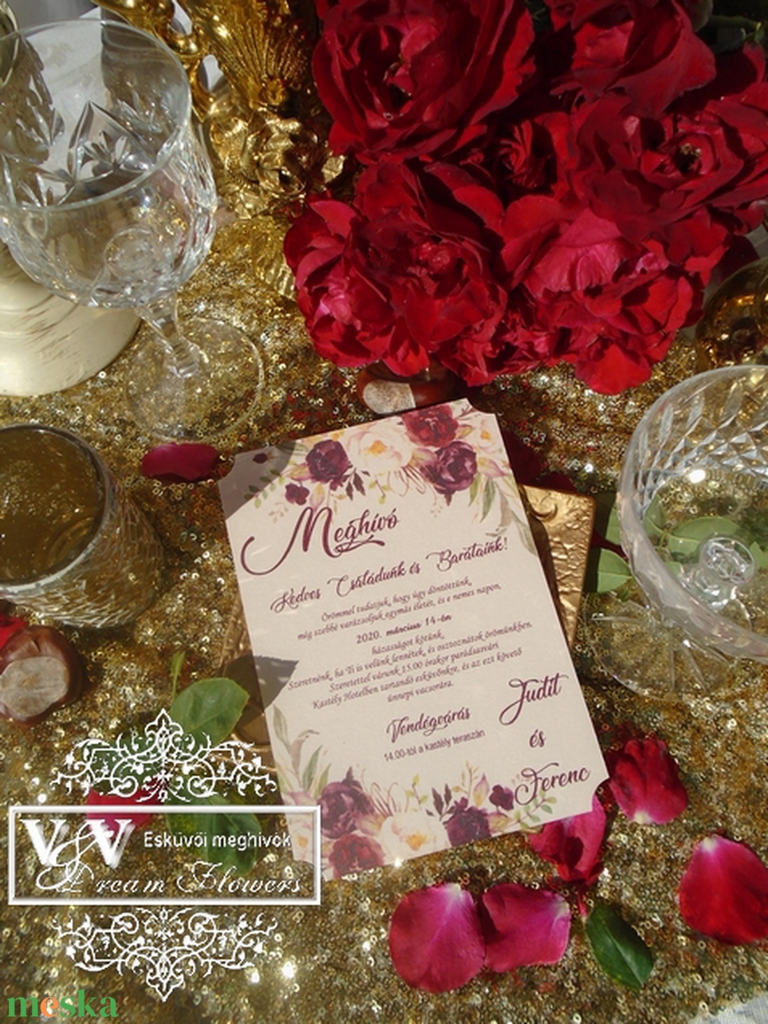 Egyszerű esküvői meghívó kártya csillogó barack kartonból rózsákkal - esküvő - meghívó & kártya - meghívó - Meska.hu