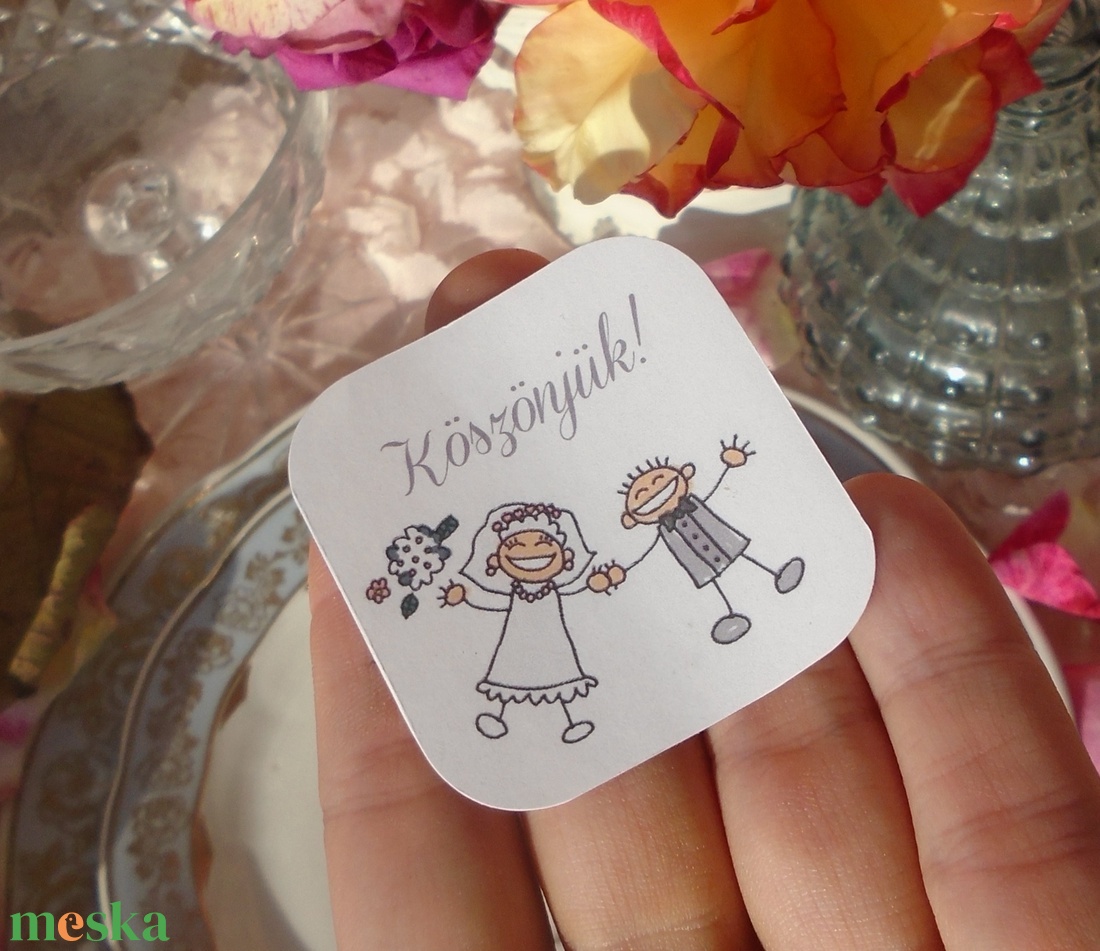 Esküvői köszönőajándékra öntapadós címke vidám pálcikaemberekkel - esküvő - emlék & ajándék - köszönőajándék - Meska.hu