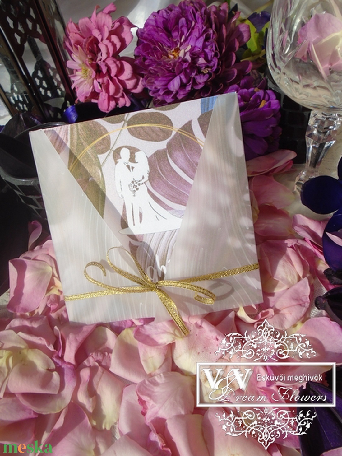 Egyszerű kártyás esküvői meghívó lila trópusi levelekkel és nászajándék ötlet kártyával - esküvő - meghívó & kártya - meghívó - Meska.hu