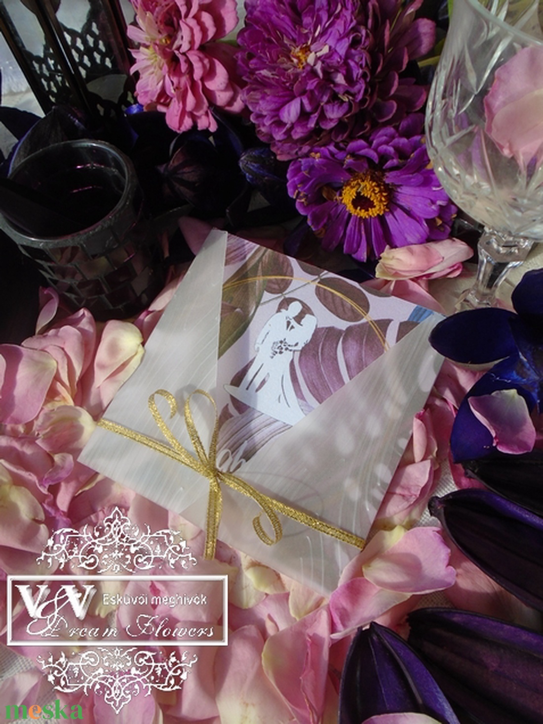 Egyszerű kártyás esküvői meghívó lila trópusi levelekkel és nászajándék ötlet kártyával - esküvő - meghívó & kártya - meghívó - Meska.hu