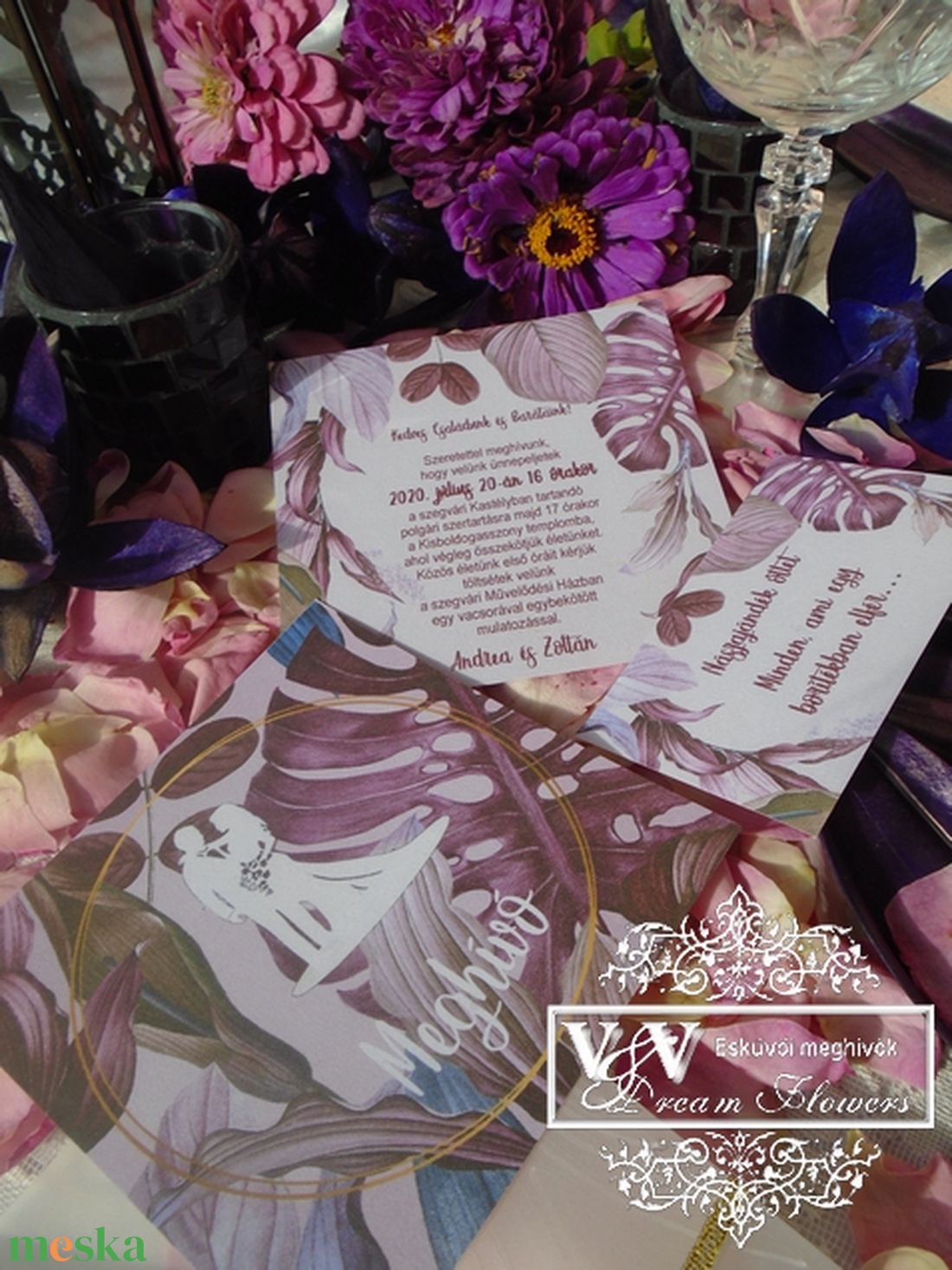 Egyszerű kártyás esküvői meghívó lila trópusi levelekkel és nászajándék ötlet kártyával - esküvő - meghívó & kártya - meghívó - Meska.hu