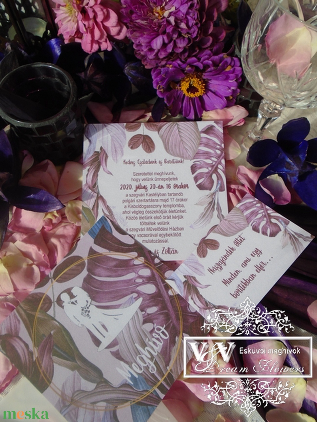 Egyszerű kártyás esküvői meghívó lila trópusi levelekkel és nászajándék ötlet kártyával - esküvő - meghívó & kártya - meghívó - Meska.hu