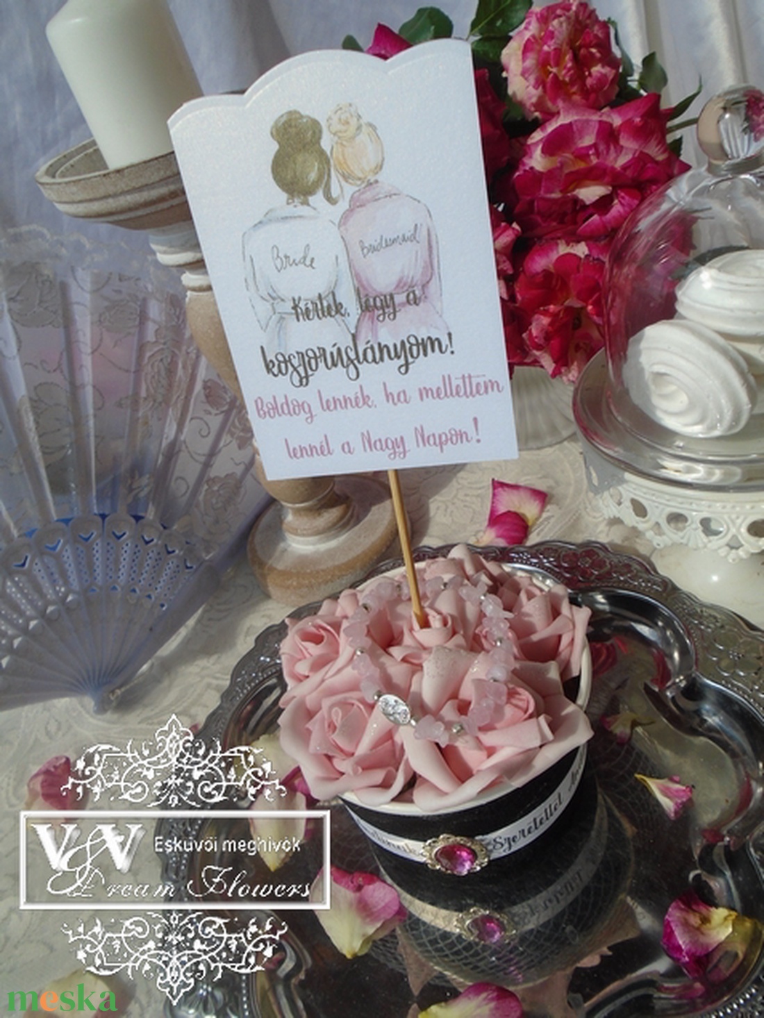 Koszorúslány felkérő mini rózsa box rózsakvarc ásvány karkötővel - esküvő - meghívó & kártya - koszorúslány felkérő - Meska.hu