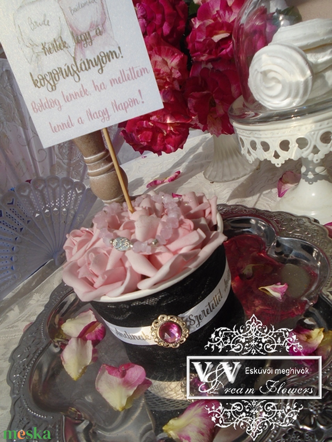 Koszorúslány felkérő mini rózsa box rózsakvarc ásvány karkötővel - esküvő - meghívó & kártya - koszorúslány felkérő - Meska.hu