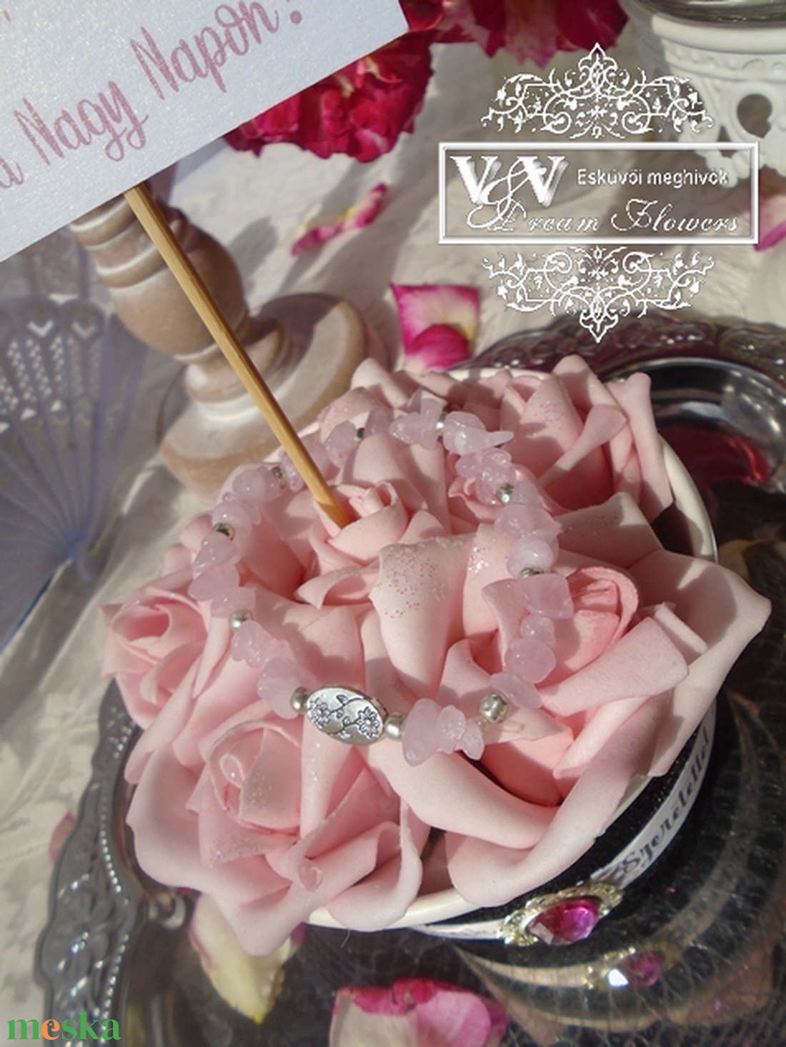 Koszorúslány felkérő mini rózsa box rózsakvarc ásvány karkötővel - esküvő - meghívó & kártya - koszorúslány felkérő - Meska.hu