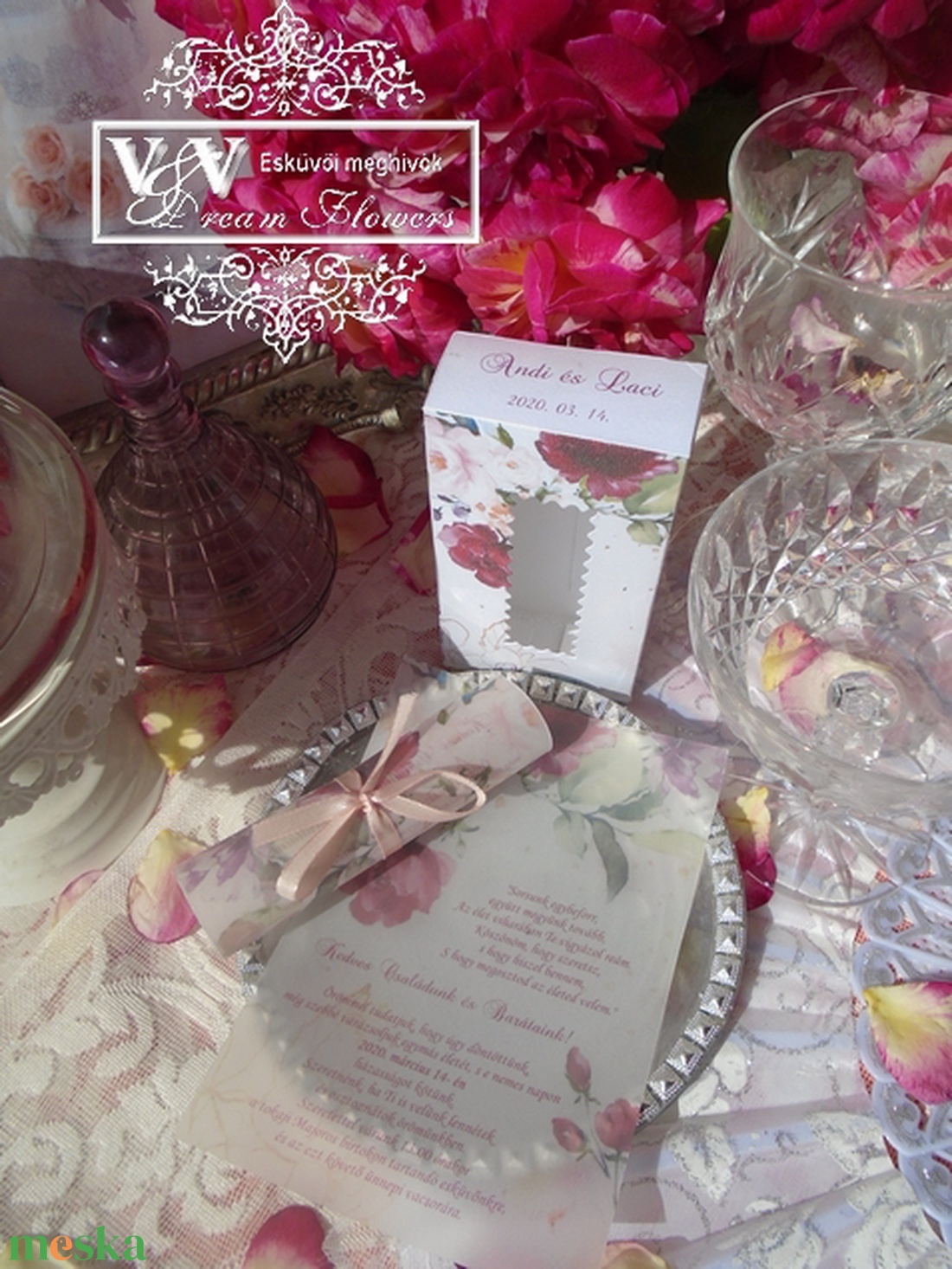 Pausz tekercses dobozos esküvői meghívó rózsás grafikával - esküvő - meghívó & kártya - meghívó - Meska.hu