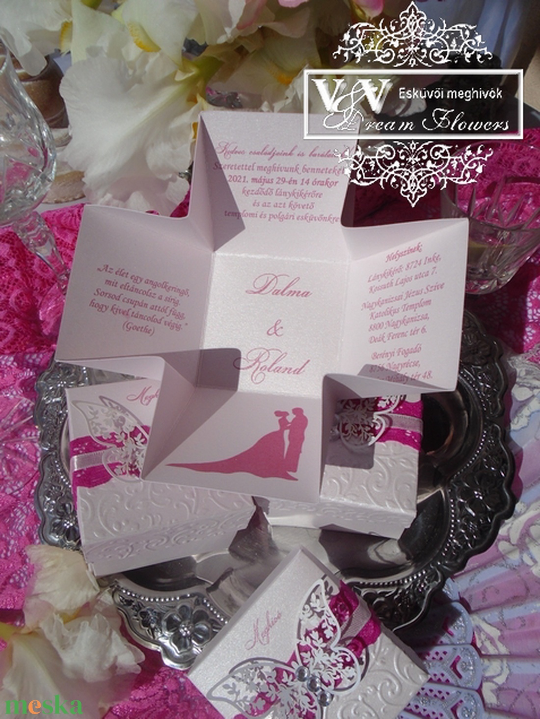 Dobozos esküvői meghívó pillangóval, pink csipkével és strasszokkal - esküvő - meghívó & kártya - meghívó - Meska.hu