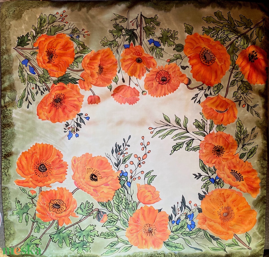 70x70cm Pipacsos őszi színekkel kézzel festett selyemkendő sál - ruha & divat - sál, sapka, kendő - kendő - Meska.hu 70x70cm Pipacsos őszi színekkel kézzel festett selyemkendő sál - ruha & divat - sál, sapka, kendő - kendő - Meska.hu