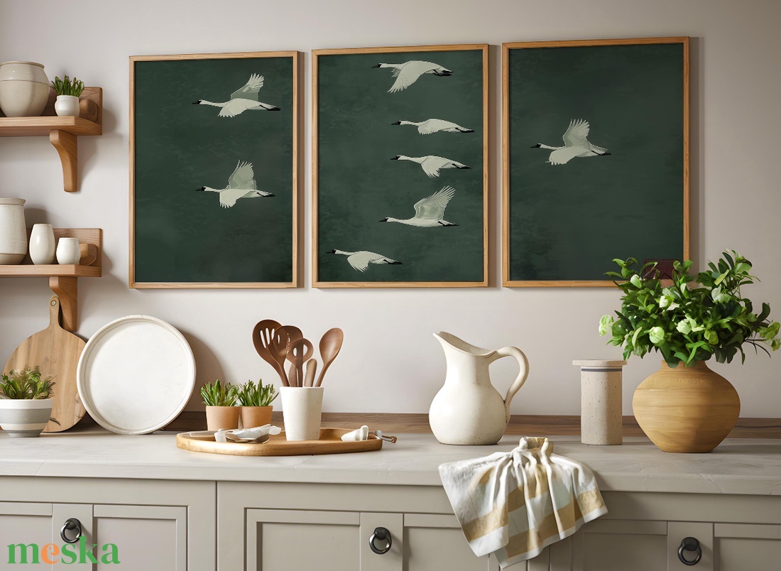 Zöld hátteres repülő darvak poszter � természet ihlette, harmonikus falikép, 42�30 cm - otthon & életmód - dekoráció - kép & falikép - poszter - Meska.hu