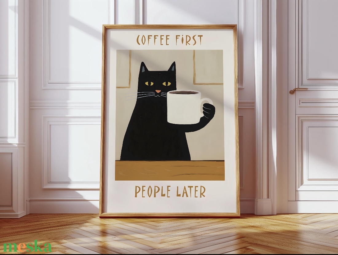 Coffee First macskás poszter � hangulatos kávés falikép, 42�30 cm - otthon & életmód - dekoráció - kép & falikép - poszter - Meska.hu