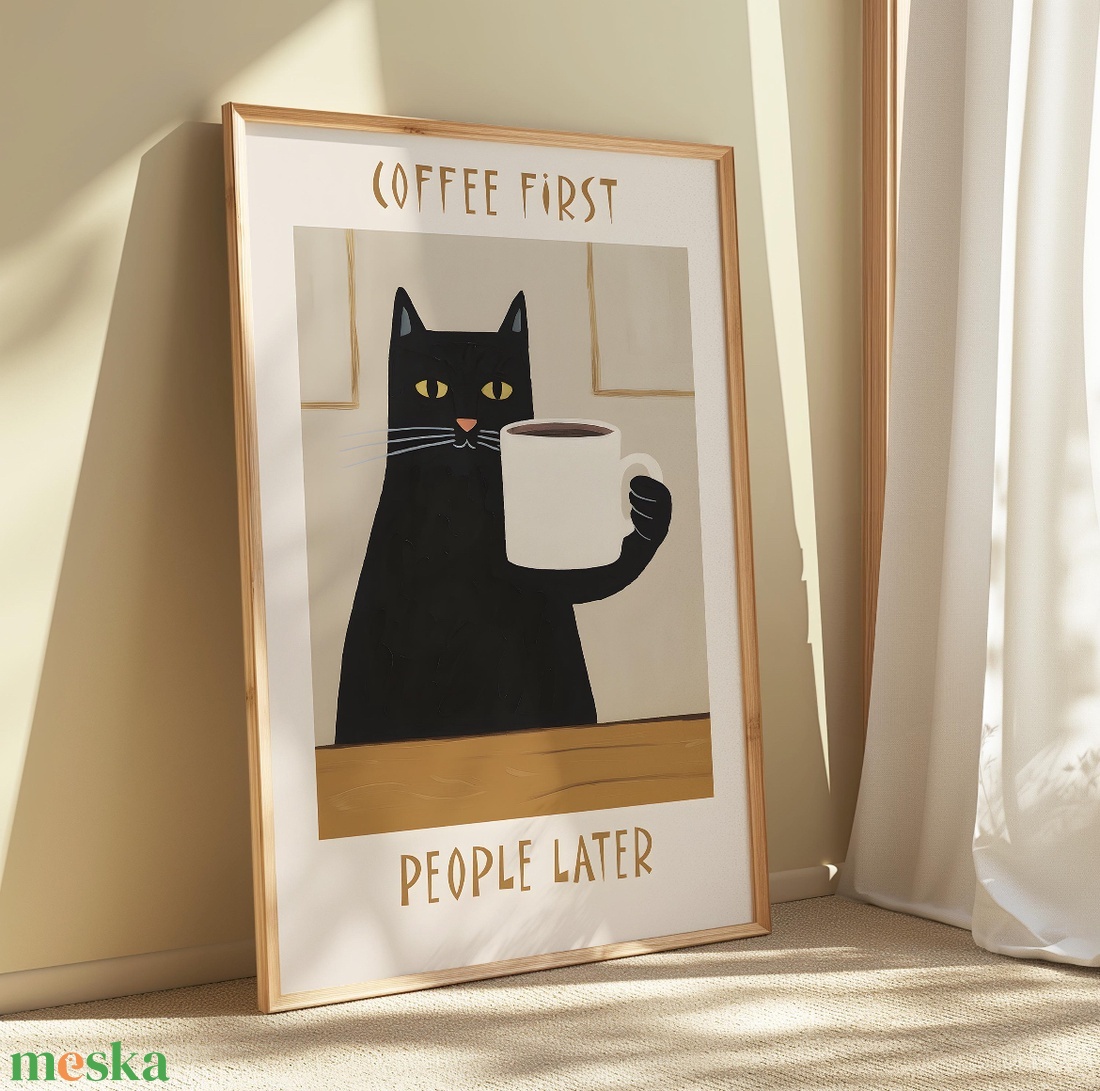 Coffee First macskás poszter � hangulatos kávés falikép, 42�30 cm - otthon & életmód - dekoráció - kép & falikép - poszter - Meska.hu