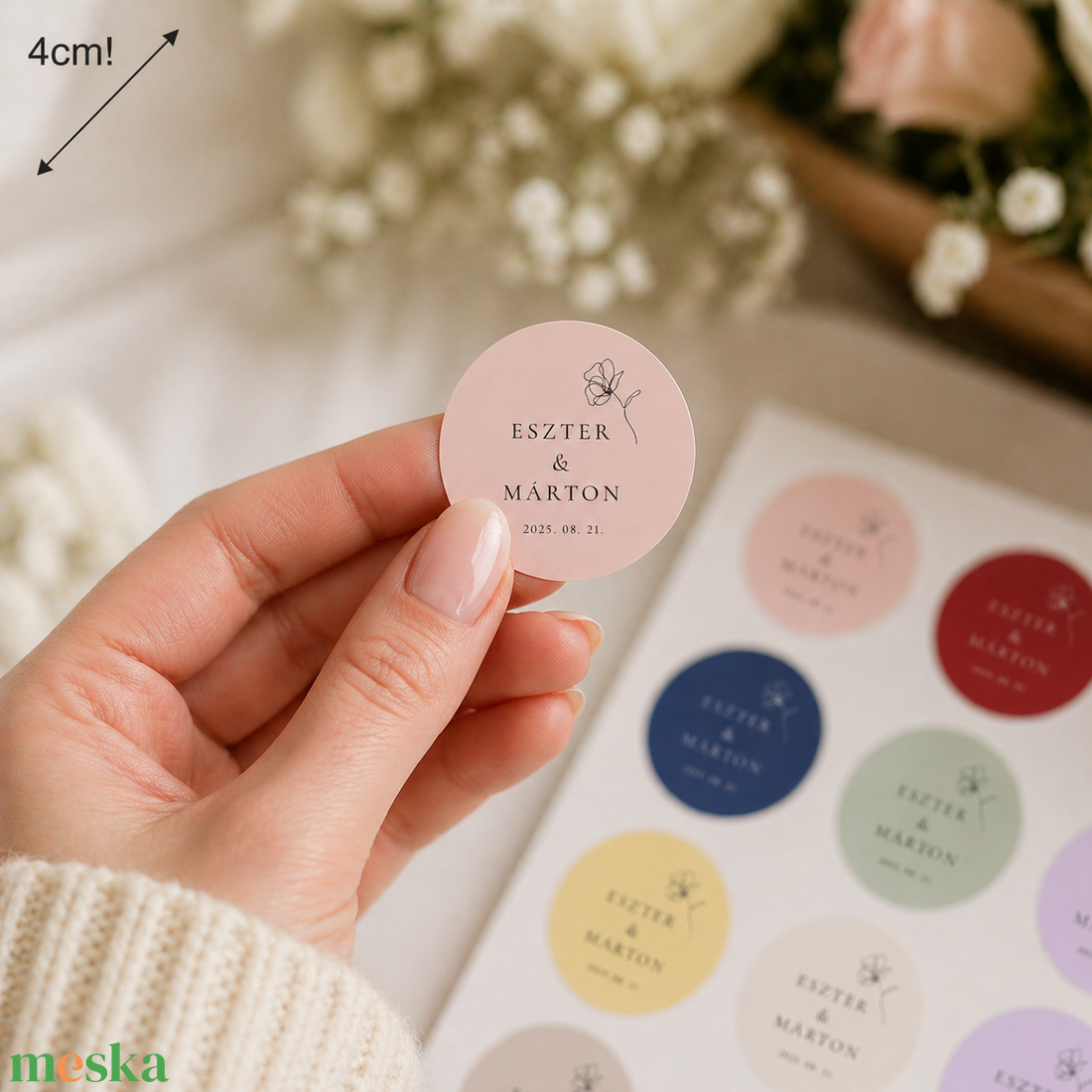 Esküvői névre szóló matrica � kör alakú, több színben � 4 cm / 6 cm � egyedi név és dátum - esküvő - emlék & ajándék - köszönőajándék - Meska.hu