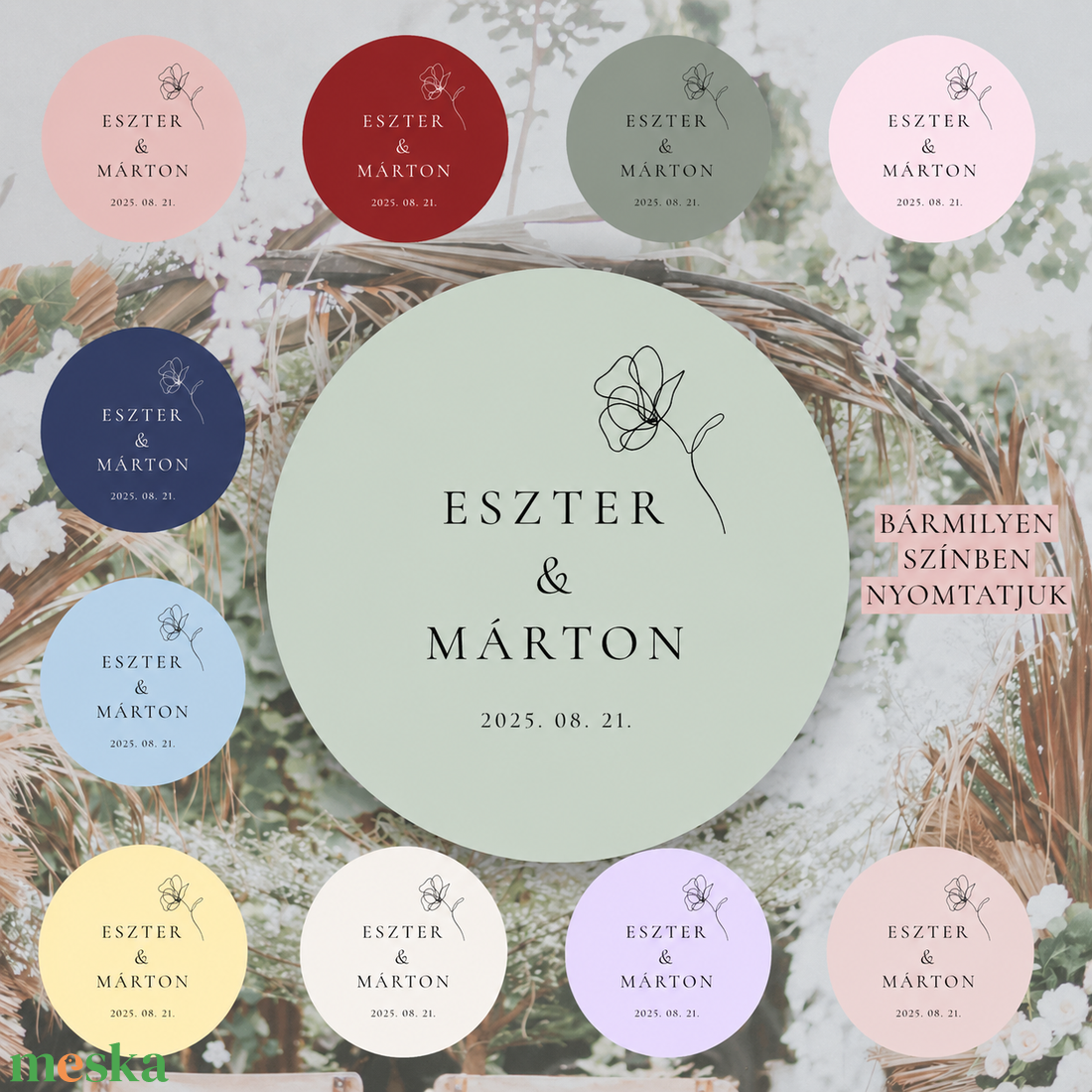Esküvői névre szóló matrica � kör alakú, több színben � 4 cm / 6 cm � egyedi név és dátum - esküvő - emlék & ajándék - köszönőajándék - Meska.hu