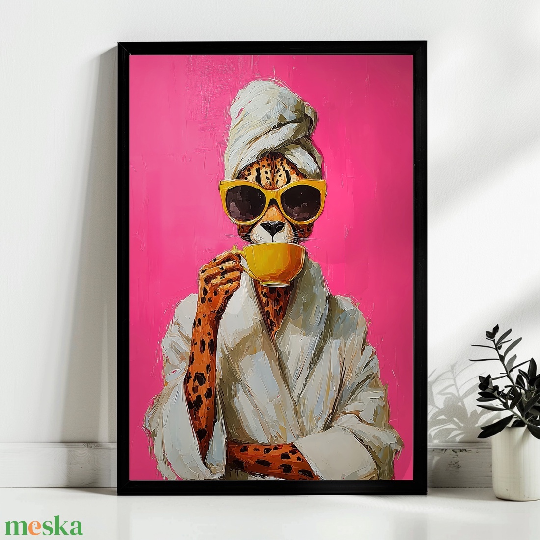 Törölközős gepárd poszter � pink, vicces kávézós falikép, 42�30 cm - otthon & életmód - dekoráció - kép & falikép - poszter - Meska.hu