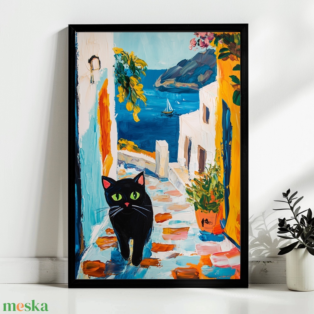 Fekete cica Santorinin poszter � nyaralós, mediterrán falikép, 42�30 cm - otthon & életmód - dekoráció - kép & falikép - poszter - Meska.hu
